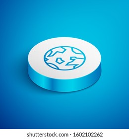 Isometric line Planet Earth icon isolated on blue background. White circle button. Vector Illustration