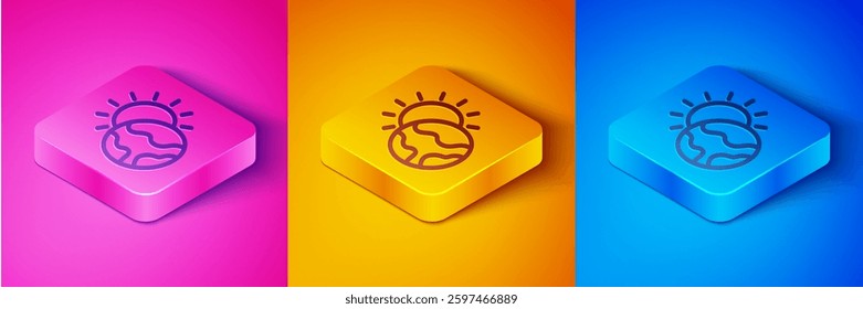 Isometric line Planet earth melting to global warming icon isolated on pink and orange, blue background. Ecological problems and solutions - thermometer. Square button. Vector