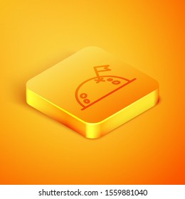 Isometric line Planet with flag icon isolated on orange background. Orange square button. Vector Illustration