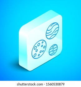 Isometric line Planet icon isolated on blue background. Silver square button. Vector Illustration