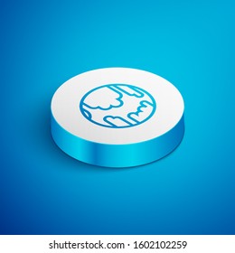 Isometric line Planet Mercury icon isolated on blue background. White circle button. Vector Illustration