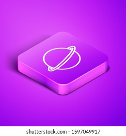 Isometric line Planet Saturn with planetary ring system icon isolated on purple background. Purple square button. Vector Illustration