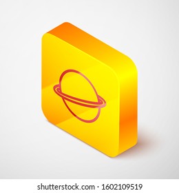 Isometric line Planet Saturn with planetary ring system icon isolated on grey background. Yellow square button. Vector Illustration
