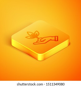 Isometric line Plant in hand of environmental protection icon isolated on orange background. Seed and seedling. Planting sapling. Ecology concept. Orange square button. Vector Illustration