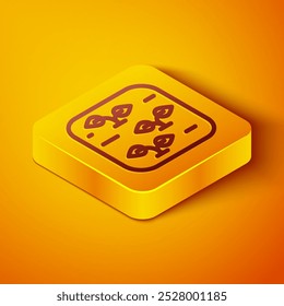 Isometric line Plant icon isolated on orange background. Seed and seedling. Leaves sign. Leaf nature. Yellow square button. Vector