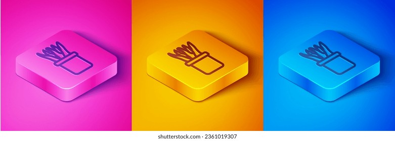 Isometric line Plant in pot icon isolated on pink and orange, blue background. Plant growing in a pot. Potted plant sign. Square button. Vector