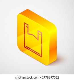 Línea isométrica Icono de bolsa de plástico aislado en fondo gris. Signo de prohibición del envase de celofán y polietileno desechable. Botón cuadrado amarillo. Ilustración vectorial