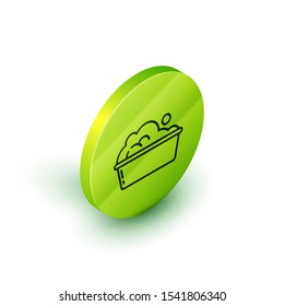 Isometric line Plastic basin with soap suds icon isolated on white background. Bowl with water. Washing clothes, cleaning equipment. Green circle button. Vector Illustration