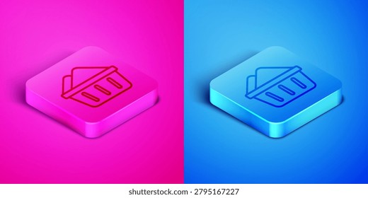 Isometric line Plastic basin with soap suds icon isolated on pink and blue background. Bowl with water. Washing clothes, cleaning equipment. Square button. Vector