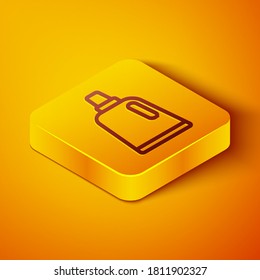 Isometric line Plastic bottle for laundry detergent, bleach, dishwashing liquid or another cleaning agent icon isolated on orange background. Yellow square button. Vector