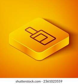 Isometric line Plastic bottle for laundry detergent, bleach, dishwashing liquid or another cleaning agent icon isolated on orange background. Yellow square button. Vector