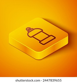 Isometric line Plastic bottle for laundry detergent, bleach, dishwashing liquid or another cleaning agent icon isolated on orange background. Yellow square button. Vector