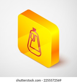 Isometric line Plastic bottle for liquid laundry detergent, bleach, dishwashing liquid icon isolated on grey background. Yellow square button. Vector Illustration