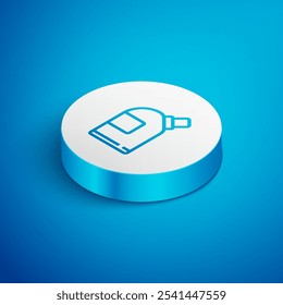 Isometric line Plastic bottles for laundry detergent, bleach, dishwashing liquid or another cleaning agent icon isolated on blue background. White circle button. Vector Illustration