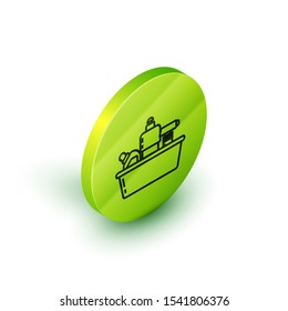 Isometric line Plastic bottles for liquid laundry detergent, bleach, dishwashing liquid or another cleaning agent icon isolated on white background. Green circle button. Vector Illustration