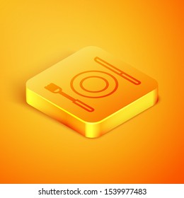 Isometric line Plate, fork and knife icon isolated on orange background. Cutlery symbol. Restaurant sign. Orange square button. Vector Illustration