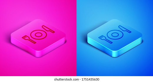 Isometric line Plate, fork and knife icon isolated on pink and blue background. Cutlery symbol. Restaurant sign. Square button. Vector
