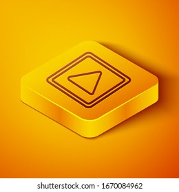 Isometric line Play in square icon isolated on orange background. Yellow square button. Vector Illustration