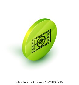 Isometric line Play Video icon isolated on white background. Film strip with start sign. Green circle button. Vector Illustration