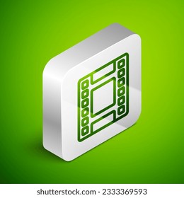 Isometric line Play Video icon isolated on green background. Film strip sign. Silver square button. Vector