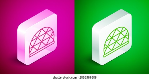 Isometric line Playground climbing equipment icon isolated on pink and green background. Kid playground climb. Silver square button. Vector