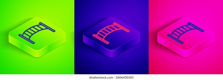 Isometric line Playground kids bridge icon isolated on green, blue and pink background. Square button. Vector