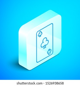 Isometric line Playing card with clubs symbol icon isolated on blue background. Casino gambling. Silver square button. Vector Illustration