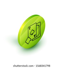 Isometric line Playing card with spades symbol icon isolated on white background. Casino gambling. Green circle button. Vector Illustration