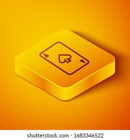 Isometric line Playing card with spades symbol icon isolated on orange background. Casino gambling. Yellow square button. Vector Illustration
