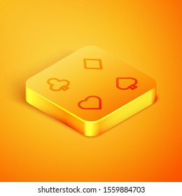 Isometric line Playing cards icon isolated on orange background. Casino gambling. Orange square button. Vector Illustration