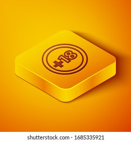Isometric line Plus 18 movie icon isolated on orange background. Adult content. Under 18 years sign. Yellow square button. Vector Illustration