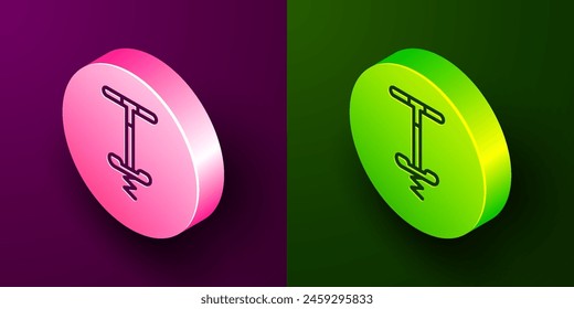 Isometric line Pogo stick jumping toy icon isolated on purple and green background. Circle button. Vector
