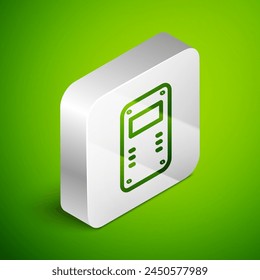 Isometric line Police assault shield icon isolated on green background. Silver square button. Vector