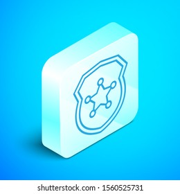 Isometric line Police badge icon isolated on blue background. Sheriff badge sign. Silver square button. Vector Illustration