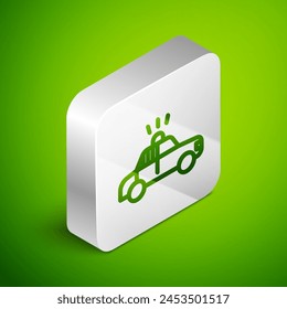 Isometric line Police car and police flasher icon isolated on green background. Emergency flashing siren. Silver square button. Vector