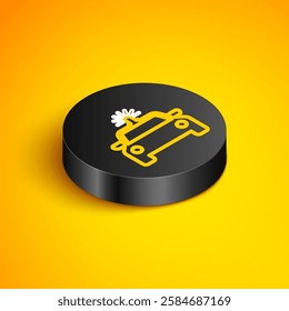 Isometric line Police car and police flasher icon isolated on yellow background. Emergency flashing siren. Black circle button. Vector