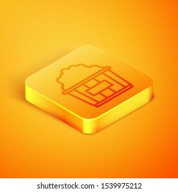 Isometric line Popcorn in cardboard box icon isolated on orange background. Popcorn bucket box. Orange square button. Vector Illustration