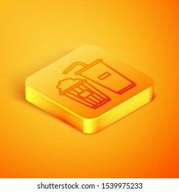 Isometric line Popcorn in cardboard box and paper glass with drinking straw and water icon isolated on orange background. Soda drink glass. Orange square button. Vector Illustration