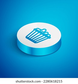 Isometric line Popcorn in cardboard box icon isolated on blue background. Popcorn bucket box. White circle button. Vector