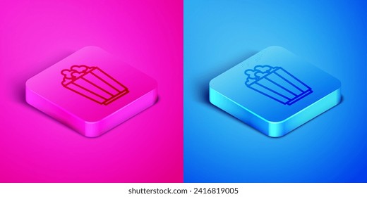 Isometric line Popcorn in cardboard box icon isolated on pink and blue background. Popcorn bucket box. Square button. Vector