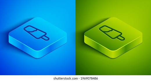 Isometric line Popsicle ice cream on wooden stick icon isolated on blue and green background. Square button. Vector