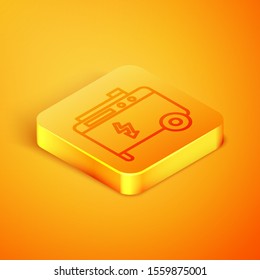 Isometric line Portable power electric generator icon isolated on orange background. Industrial and home immovable power generator. Orange square button. Vector Illustration