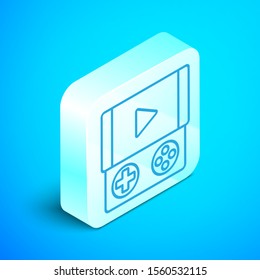 Isometric line Portable video game console icon isolated on blue background. Gamepad sign. Gaming concept. Silver square button. Vector Illustration