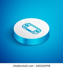 Isometric line Portable video game console icon isolated on blue background. Gamepad sign. Gaming concept. White circle button. Vector Illustration