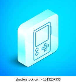 Isometric line Portable video game console icon isolated on blue background. Gamepad sign. Gaming concept. Silver square button. Vector Illustration