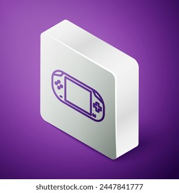 Isometric line Portable video game console icon isolated on purple background. Gamepad sign. Gaming concept. Silver square button. Vector Illustration