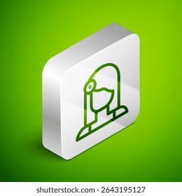 Linha isométrica Retrato de ícone de mulher espanhola isolado no fundo verde. Botão quadrado prateado. Vetor