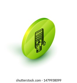 Isometric line Pos terminal with inserted credit card icon isolated on white background. Payment terminal transaction. Pay by card. Green circle button. Vector Illustration