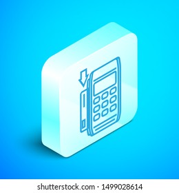 Isometric line Pos terminal with inserted credit card icon isolated on blue background. Payment terminal transaction. Pay by card. Silver square button. Vector Illustration