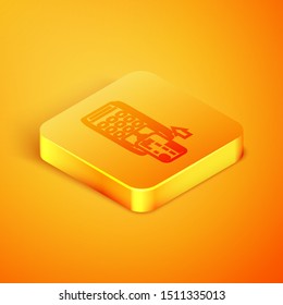 Isometric line Pos terminal with inserted credit card icon isolated on orange background. Payment terminal transaction. Pay by card. Orange square button. Vector Illustration